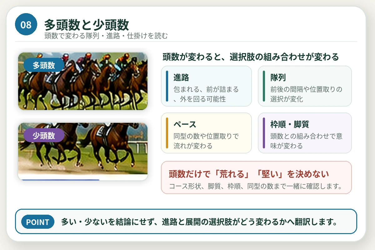 多頭数と少頭数で変わる隊列・進路・枠順・ペースを整理した図解