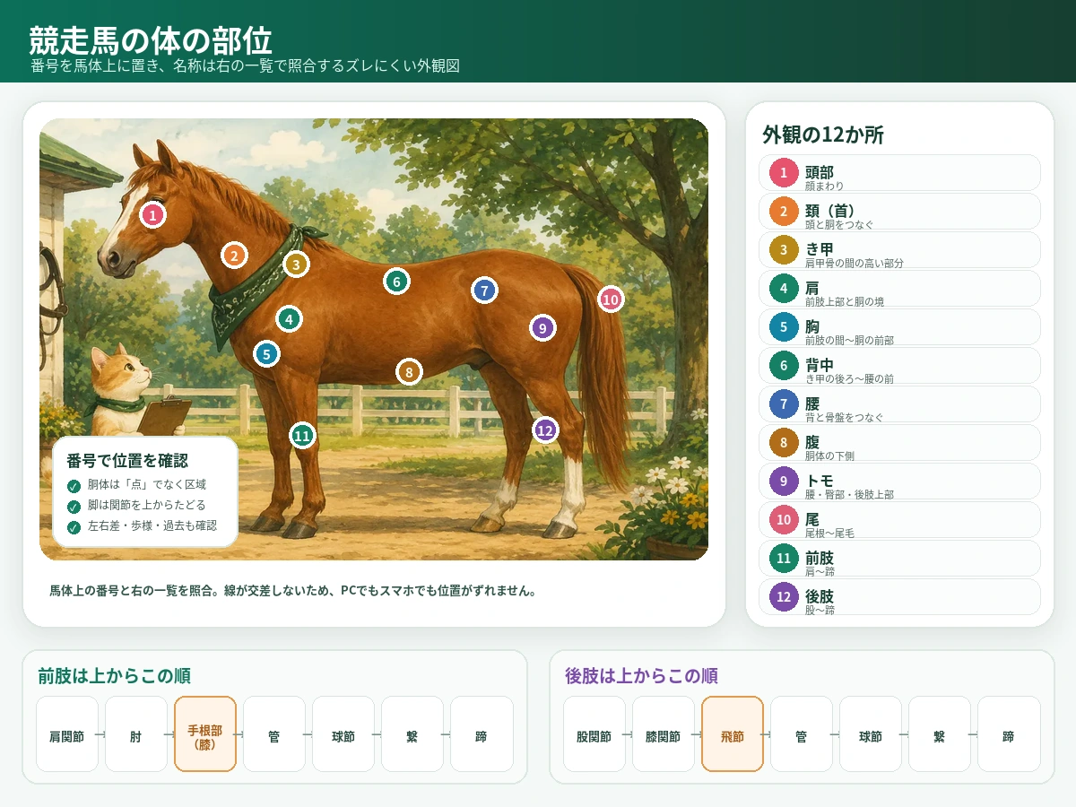 競走馬の頭部・頚・き甲・肩・胸・背中・腰・腹・トモ・尾・前肢・後肢を番号で示し、脚の関節順を別欄で整理した図解