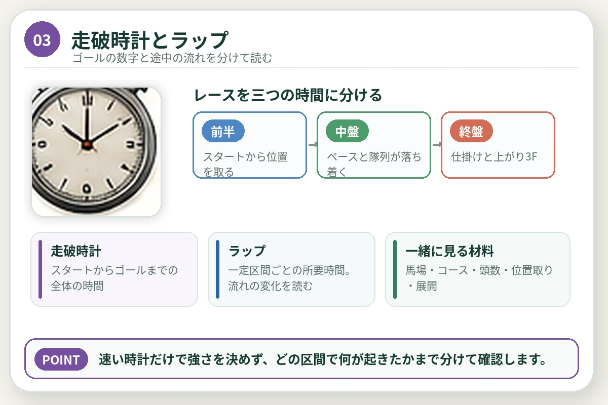 ストップウォッチと区間推移を使い、走破時計とラップの違いを整理した図解