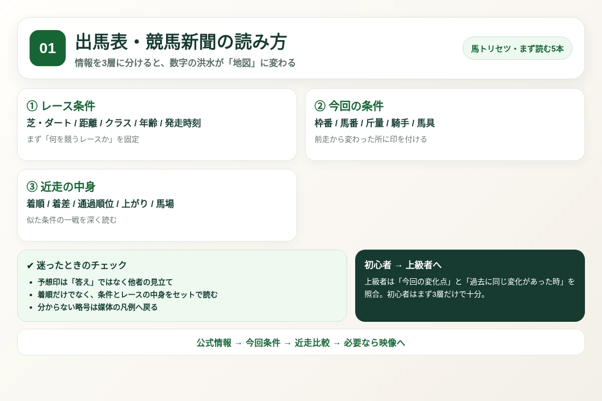 出馬表・競馬新聞の読み方の確認順と注意点を整理した図解