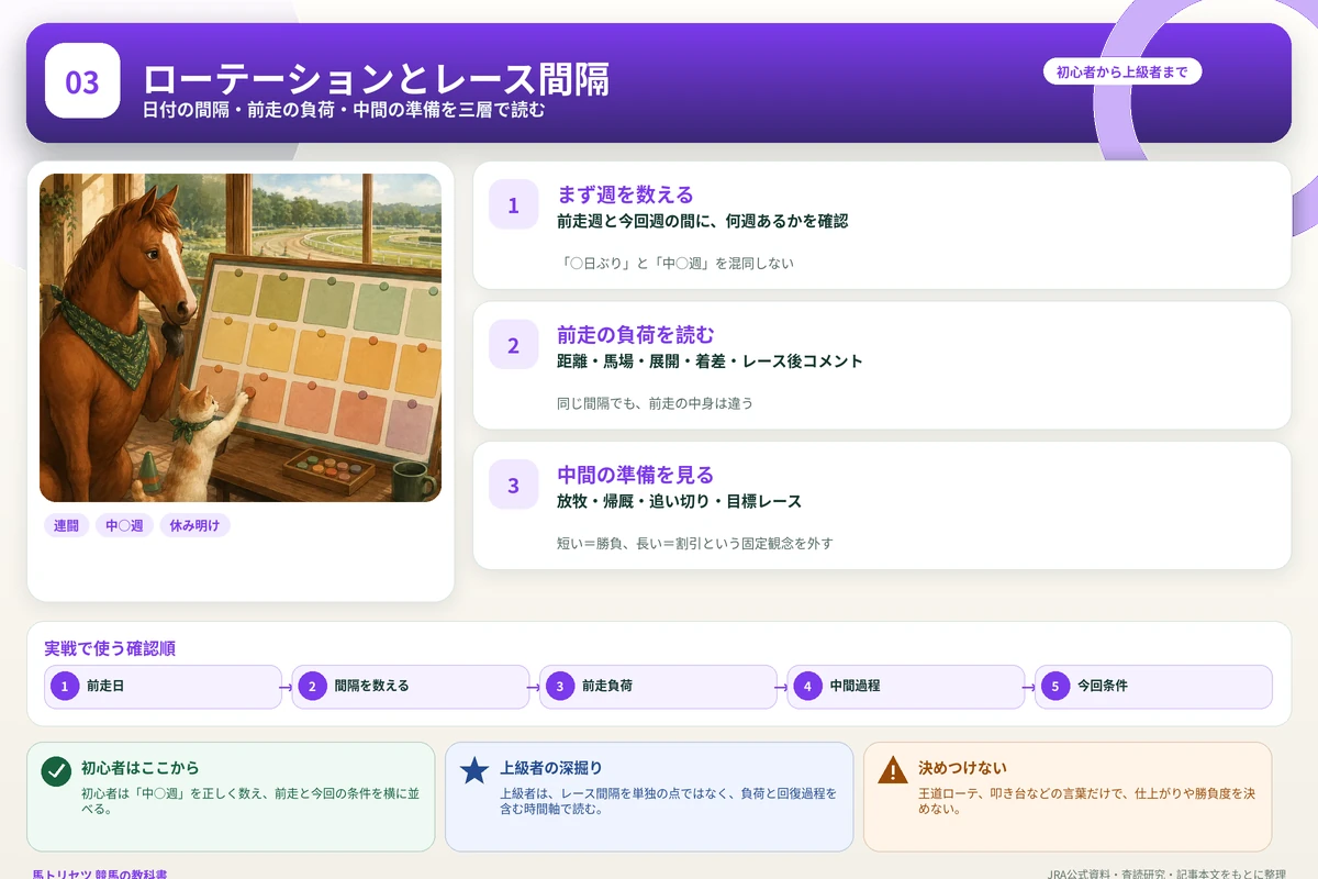 レース間隔、前走の負荷、中間の準備を時系列で整理した図解