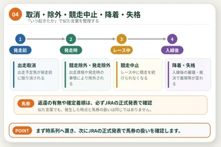 出走取消から失格までを、発走前・レース中・入線後の時間軸で整理した図解