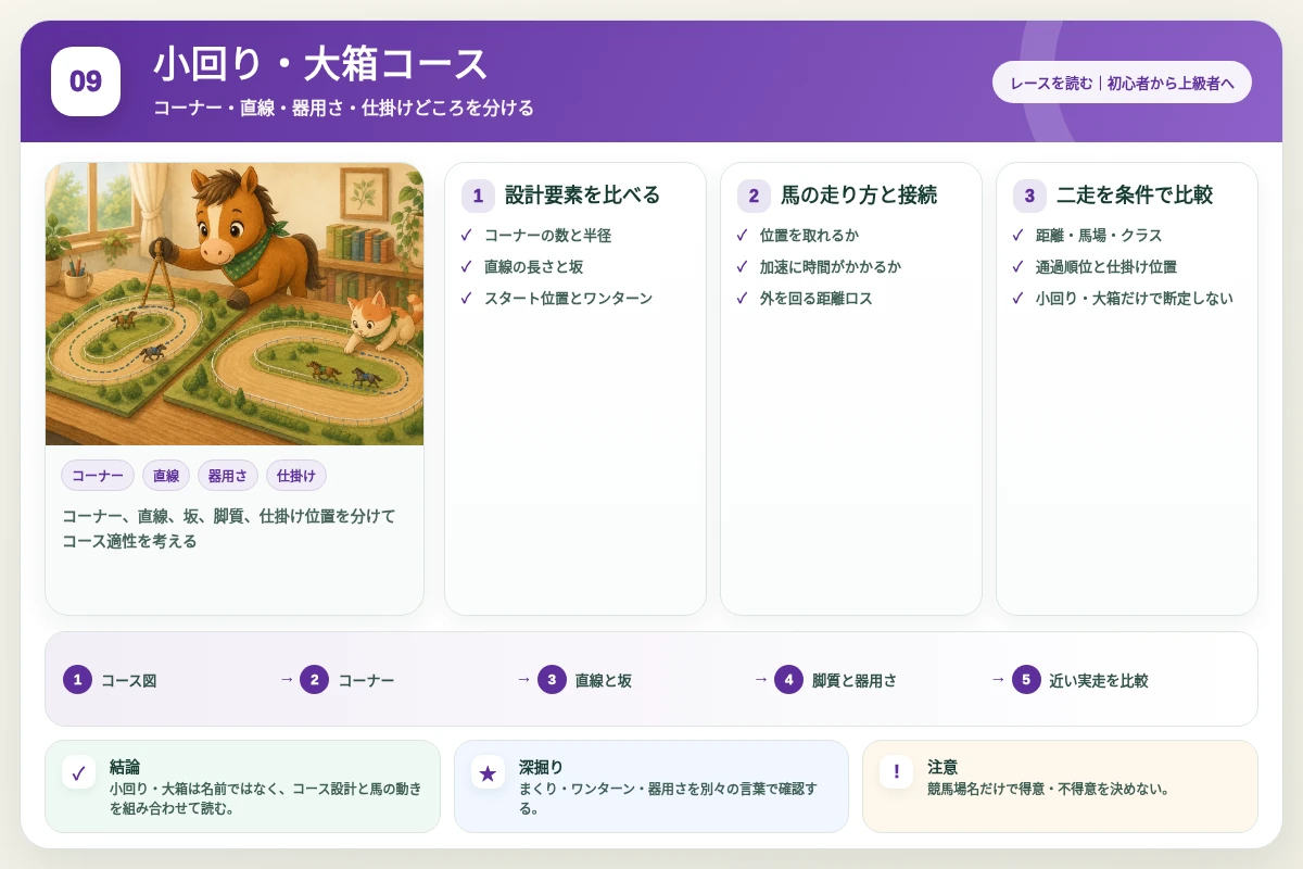 コーナー、直線、坂、脚質、仕掛け位置を分けてコース適性を考える図解