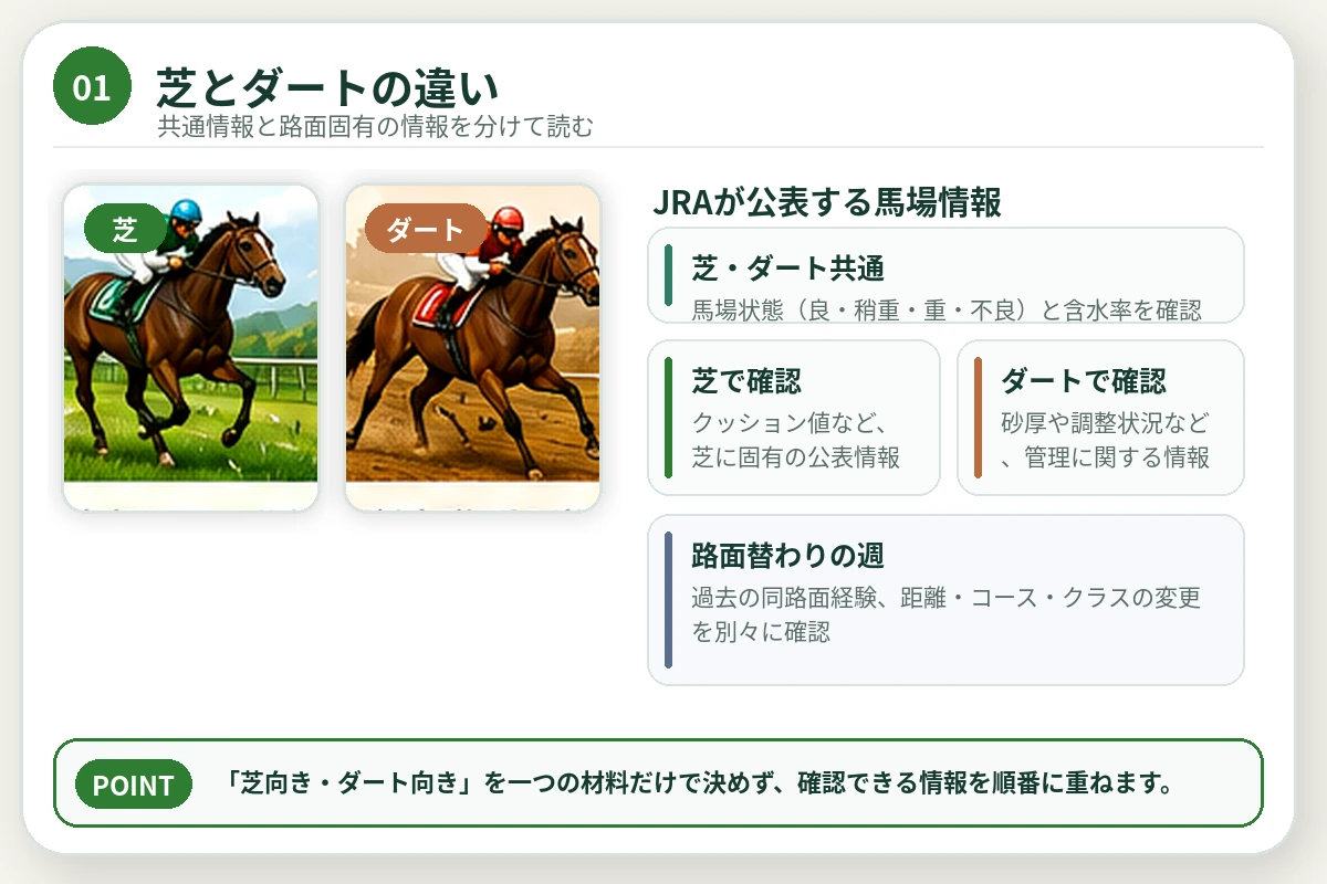 芝とダートを左右に比較し、共通情報と路面ごとの確認項目を整理した図解