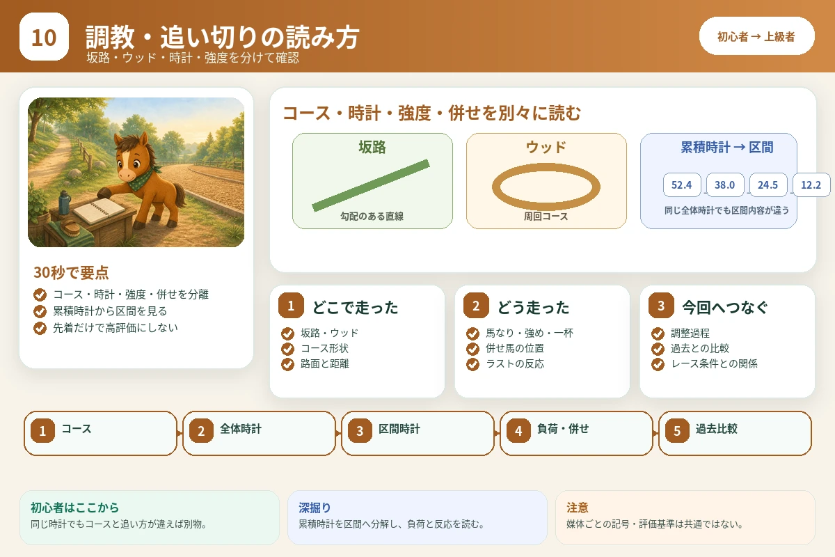 調教を坂路・ウッド・全体時計・区間時計・強度・併せ馬に分けて読む図解